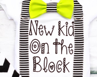 Baby Boy first Birthday New Kid On The Block, Boy Onesie, Baby Boy Baby Shower Gift, Baby boy Bow tie Suspenders, Newborn baby Boy Outfit,
