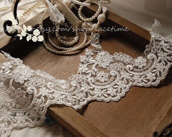 Off White Alencon Lace Trim, Floral Bridal Lace Trim ,Wedding Veil Bridal Lace Trim, Wedding Fabric Lace