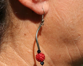 Earrings red rhinestone and metal tubes
