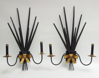SALE - Pair of Vintage French Tole Sconces with Feathers and Ribbon