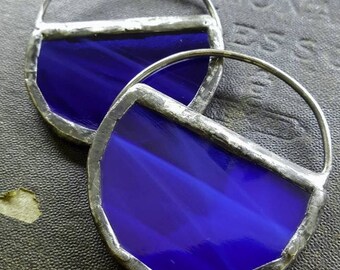 Moon Glass - Stained Glass Hoop Earrings - Cobalt Blue - Sterling Ear Wires