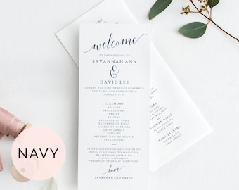 Navy Wedding Program Template, Printable Wedding Program, Wedding Program Printable, Programs For Wedding, Wedding Ceremony Program Template