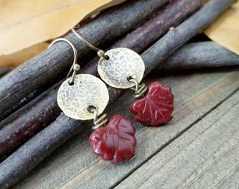 Fall earrings - Autumn earrings - hammered brass jewelry - leaf earrings - fall colors - Fall jewelry - autumn jewelry - fall leaves earring