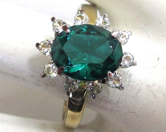 14K Yellow Gold Electroplate Faux Emerald Rhinestone Ring