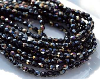 Jet Black Twilight 4mm FIre Polish Round Czech Glass Beads 50