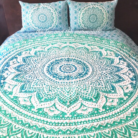 Green ombre mandala tapestry quilt boho quilt hippie quilt