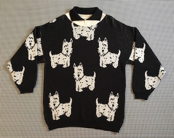 1980's, oversized, collar sweater, in black, with white, dog design, Women's size Medium