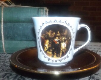 Vintage (1970s) Kronester Bavaria cappuccino or espresso set (cup with saucer). People in medieval dress, gold edge, ribbed.