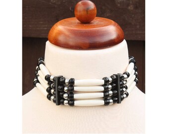 Native American style bone hair pipe choker with black and white beads, Southwest Navajo jewelry, Boho hippie festival indian choker