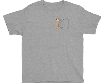 Sloth Hanging on a Pocket T-shirt -- Great gift for sloth shirt lovers -- Sizes Youth Small to Youth XL -- Sloth T-Shirt