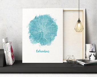 Columbus OH Watercolor Map Columbus Ohio map Columbus Ohio wall art Columbus OH city map Columbus OHart print watercolor circle map canvas