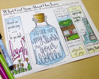 What God Says About Our Tears Bible Journaling Margin Art & Tip-in, Printable and Traceable Templates, Hand Lettering, set of 4, 1 page