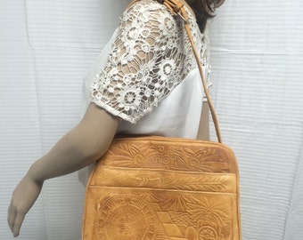 Tooled leather purse,bag, Aztec, Mayan , Indian, Boho, leather, tan, shoulder bag