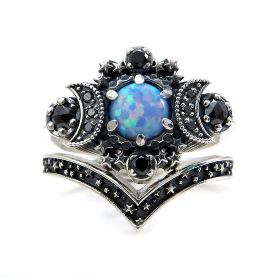 Cosmos Moon Engagement Ring Set - Lab Blue Grey Opal with Black Diamonds and Stardust Chevron Wedding Band