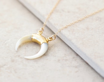 Mother of Pearl Horn Necklace - 14k Gold Filled Gemstone Jewelry