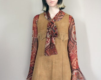 Vintage 70s Tan Suede 'Wapiti' Mini Dress with Fringing - Extra Small/Small