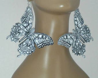 Gorgeous Black and White Butterfly Fabric Earrings Embellished with Silver Glitter , Large Earrings, Women's Earrings, Fabric Earrings, Big