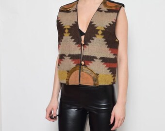 Vintage 80's Navajo Ornaments Vest / Folk Wool Vest