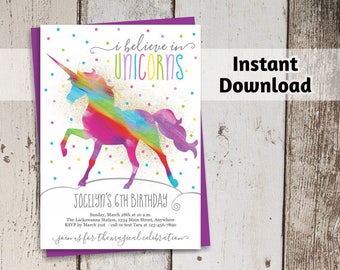 Unicorn Invitation Printable - Rainbow Unicorn with Gold Glitter - Invite Template for Girls Birthday Party - Instant Download Digital File