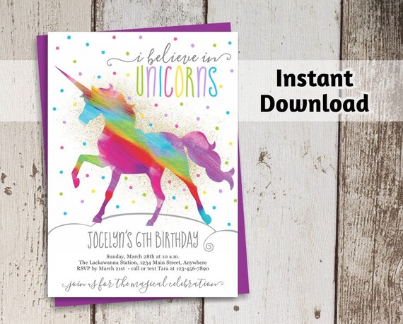Unicorn Invitation Printable Rainbow Unicorn with Gold