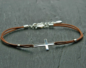 Leather and sterling silver bracelet. Beaded cross. Cross bracelet. Sideways cross bracelet. Frienship bracelet. Leather bracelet.L010
