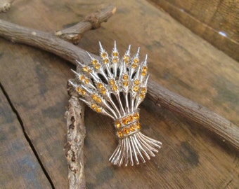 Vintage Silver Tone ora Amber Wheat Spray Brooch