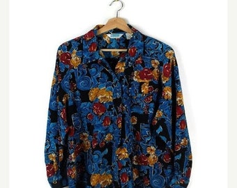 ON SALE Vintage Blue Floral Printed Slouchy Blouse/Shirt from 1980's