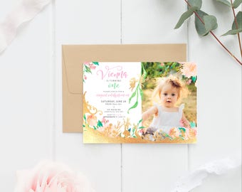 Fairy Birthday Invitation, PRINTABLE, Girl's Printable Personalised Birthday, Magical Enchanted Forest Garden Party Invite Floral Gold Pink