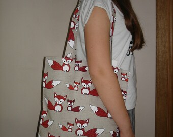 Linen Tote Bag With Foxes - Canvas Tote Bag - Natural Linen Bag - Foxes Pattern - With Foxes