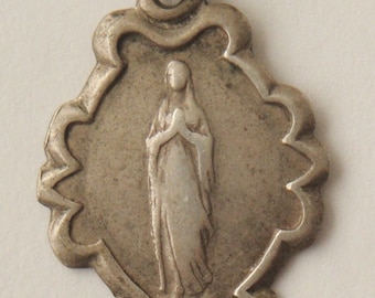 Virgin Mary of Lourdes Vintage Sterling Silver Religious Medal Pendant on 18 inch sterling silver rolo chain