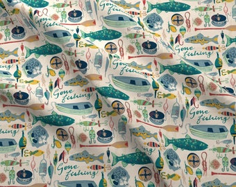 Gone Fishing Fabric by the Yard Cotton Quilting Fabric Camping Fabric Kids Room Decor Nursery Fabric Fish Canoe 3290840