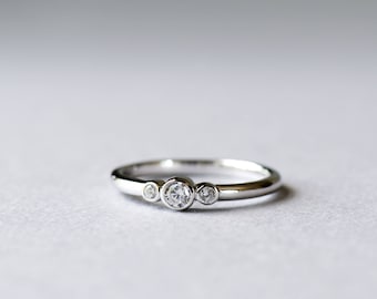 14k White Gold Trio Ring, Bezel Ring, Rose and Choc Ring, Three Stone Ring, Dainty Ring, Minimalist Ring