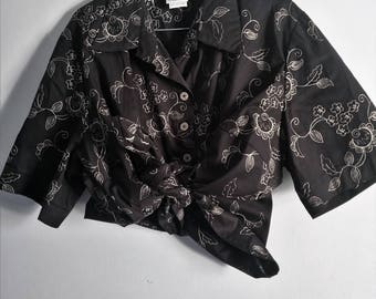 Black Retro Floral 90s Flowers Embroidered Summer Button Up Shirt