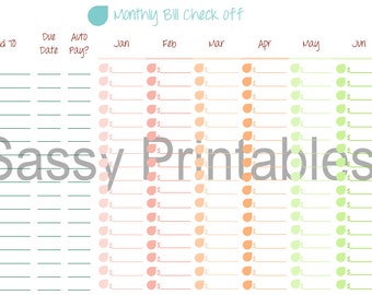 Colorful Monthly Bill Check Off 8 1/2 x 11