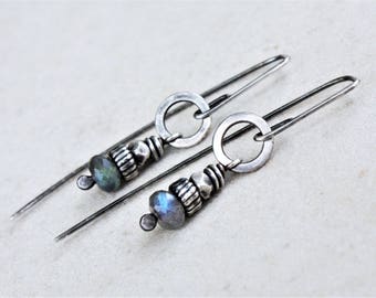 Sterling silver labradorite drop earrings, labradorite earrings, oxidized silver earrings