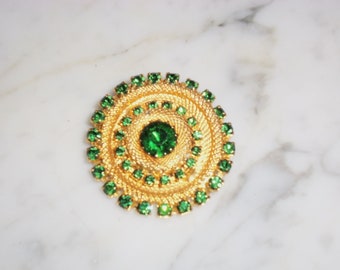 Vintage Gold Tone Rhinestone Brooch - 39 Green Stones