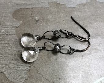 Herkimer Diamond Earrings - Raw Crystal Earrings - Oxidized Sterling Silver Earrings - Rock Crystal Earrings - Bezel Earrings
