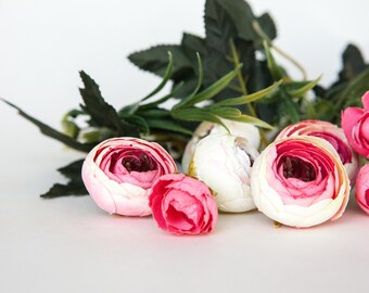 9 Small Mini Vintage Inspired Ranunculus Buds in Ivory and Hot Pink plus Foliage - silk artificial flower - read description - ITEM 01118