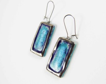 Ceramic earrings, turquoise and purple with platine.