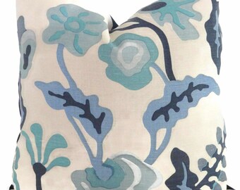 Quadrille Decorative Pillow Cover Potalla Blue Floral Silk Matka Alan Campbell, 18x18
