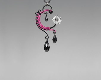 Swarovski Crystal Necklace, Crystal Pendant, Statement Necklace, Hot Pink Wire Wrapping, Space Jewelry, Industrial Jewelry, Adrastea v8