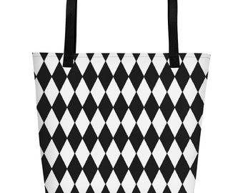 Black and White Harlequin Diamond Check Beach Tote Bag