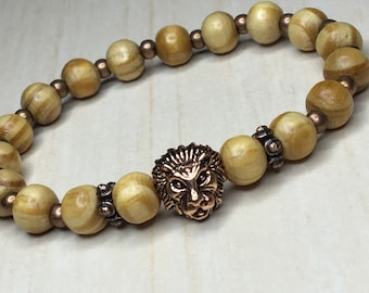 Crown Lion King,Wood Lion Bracelet,Peru Pearl Wood,Medallion Lion Leo,Mens Lion Bracelet,Jungle Lion King,Crown Lion Animal,Gift for Person