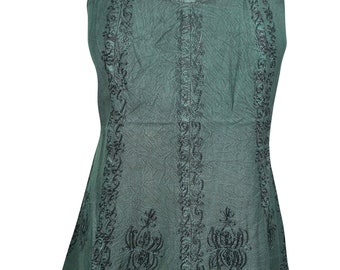 Beautiful Floral Embroidered Top Green Sleeveless Tie Back Bohemain Fashion Gypsy Blouse