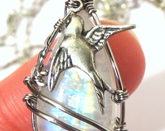 Necklace Rainbow Moonstone wire wrapped with bird