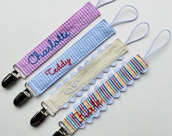 Personalized Pacifier Holder Monogrammed Seersucker Pacifier Clip