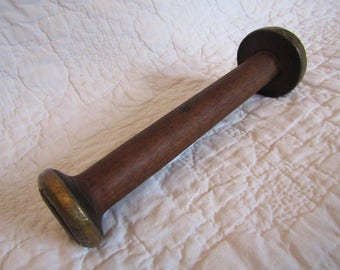 Vintage Large Wood Thread / Twine Spool Industrial both ends wrapped in Brass