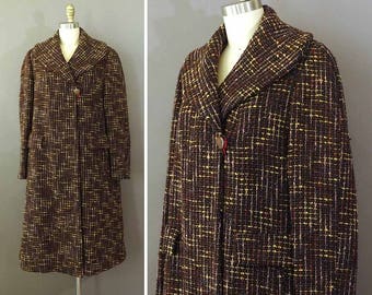 60s Chocolate Tweed Coat - 1960s Vintage Wool Coat - Tweed Brown Pink Yellow Coat - Swing Trapeze Coat w Large Collar - Wool Winter Coat