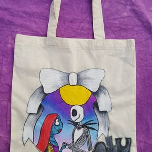 Nightmare Before Christmas Hand Painted lovers Jack and Sally Tote Shopping Bag