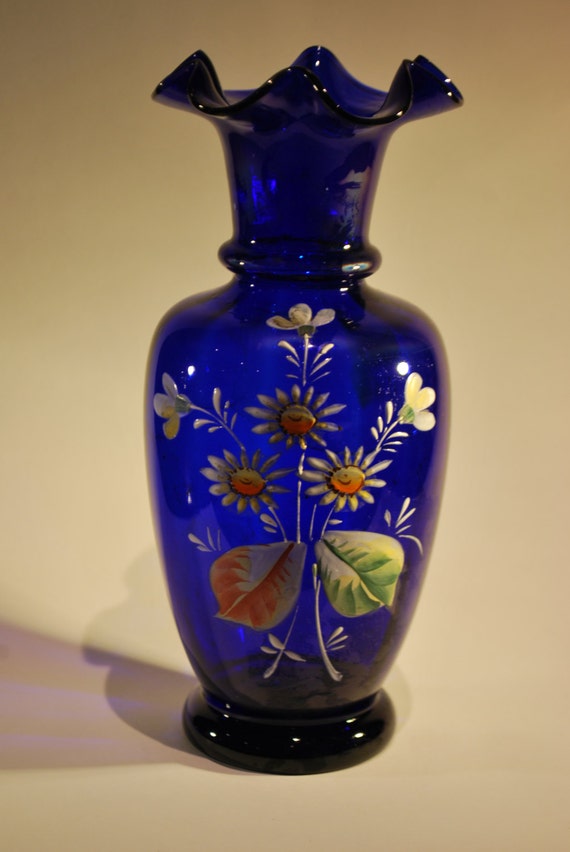 Antique Victorian Cobalt Blue Glass Vase with Floral Painted